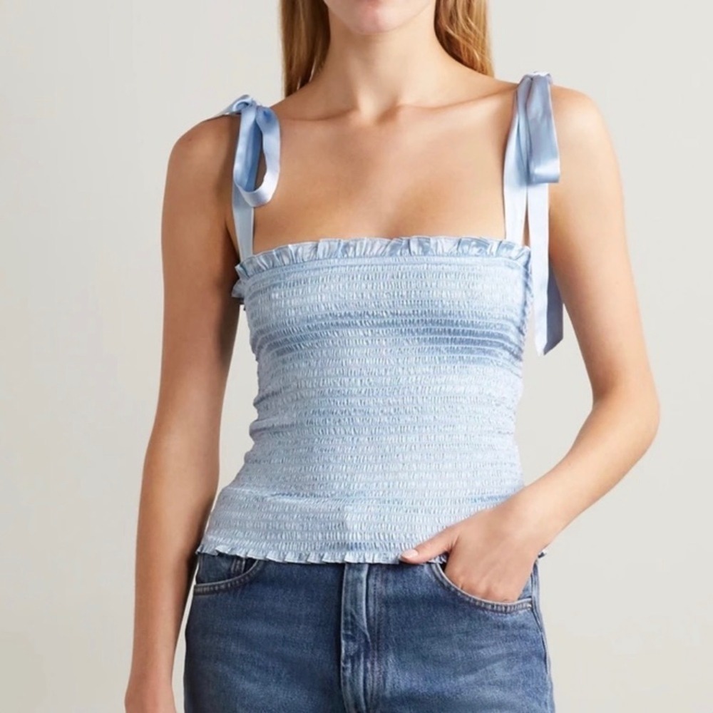 NWT Reformation Pina Shirred Silk Satin top S blue classic feminine girly preppy